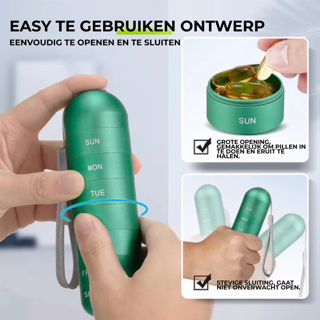 Handen openen en sluiten de vakken van een groen pillendoosje