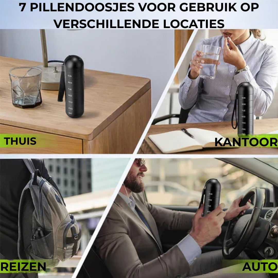 Pillendoosje thuis, op kantoor, in een tas en in de auto