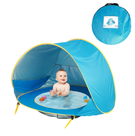 Blauwe pop-up strandtent met watergedeelte en ronde draagtas