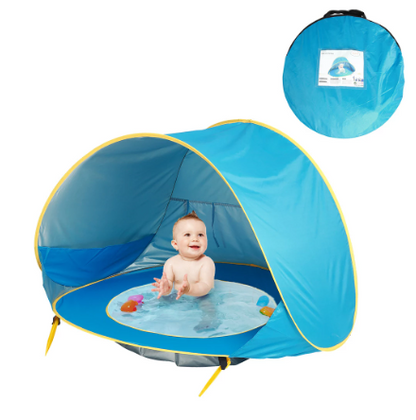 Blauwe pop-up strandtent met watergedeelte en ronde draagtas