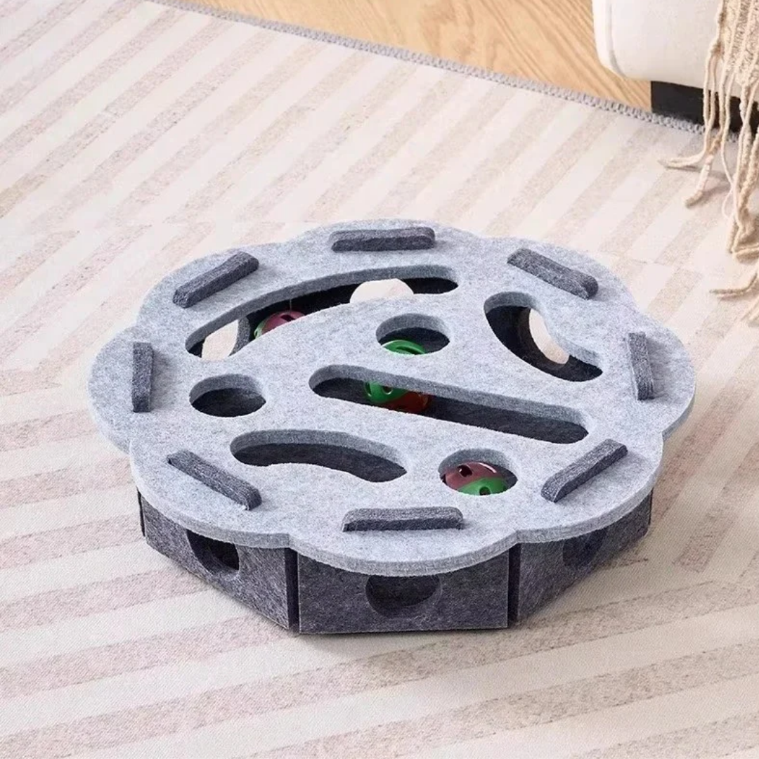 Grijze ronde kattenspeelbox van vilt