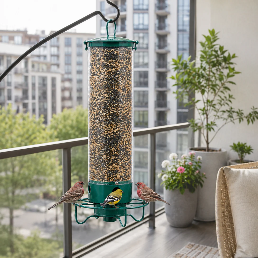 Hangend vogelvoederhuis met vogels op een balkon