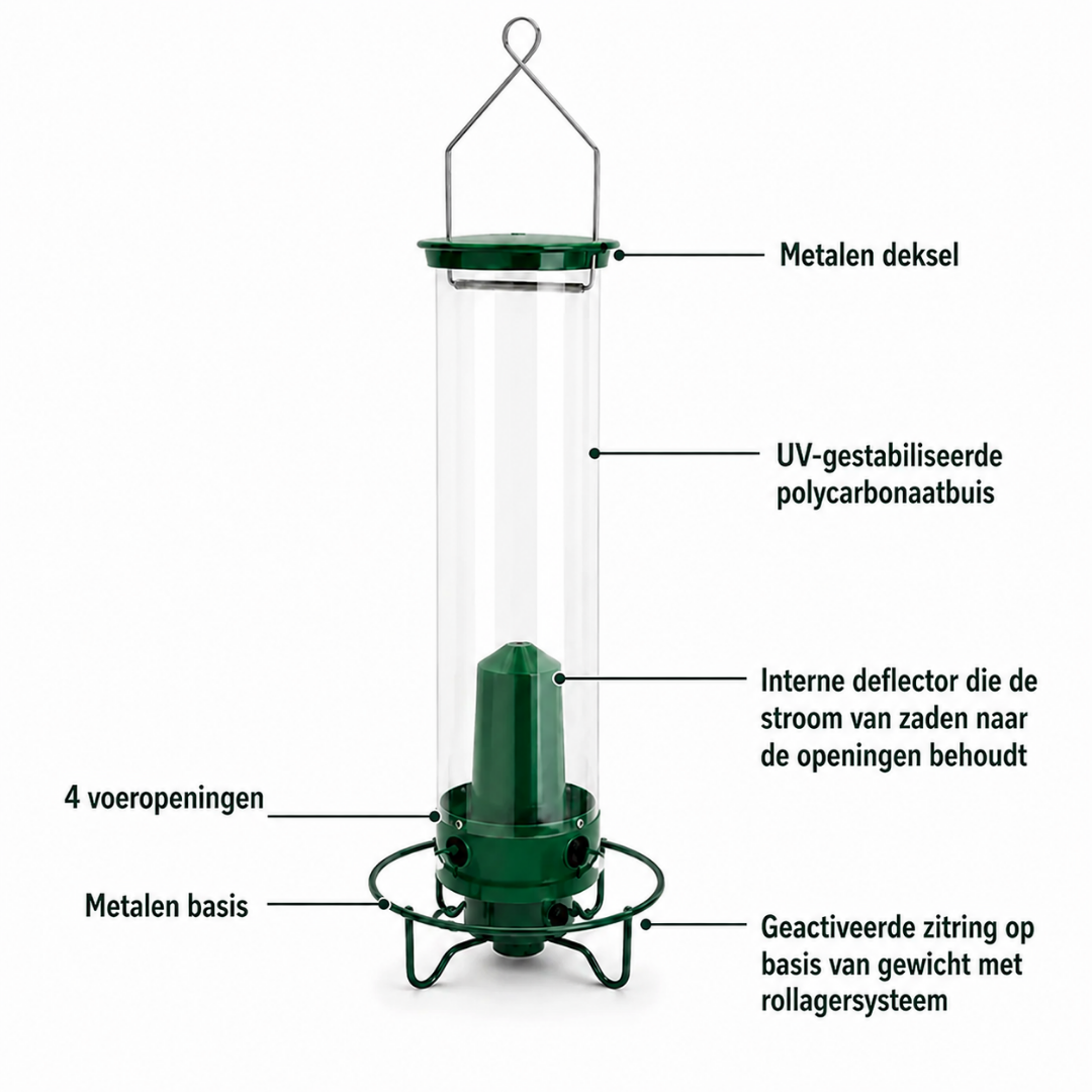 Overzicht van de onderdelen van het groene vogelvoederhuis