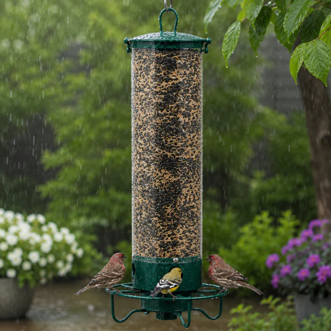 Vogelvoederhuis in de regen met vogels op de zitring