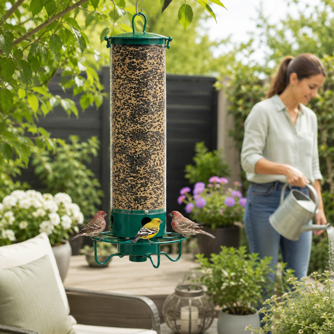 Vogelvoederhuis in een tuin met bloemen