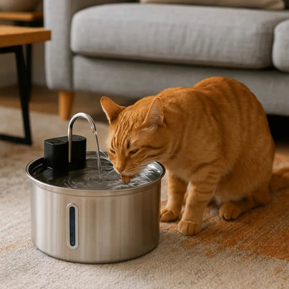 Rode kat drinkt uit een ronde kattenfontein
