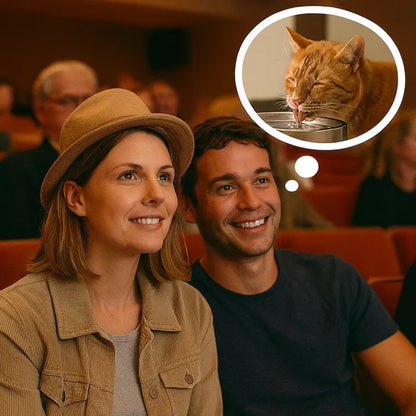 Mensen in een woonkamer met een afgebeelde drinkende kat