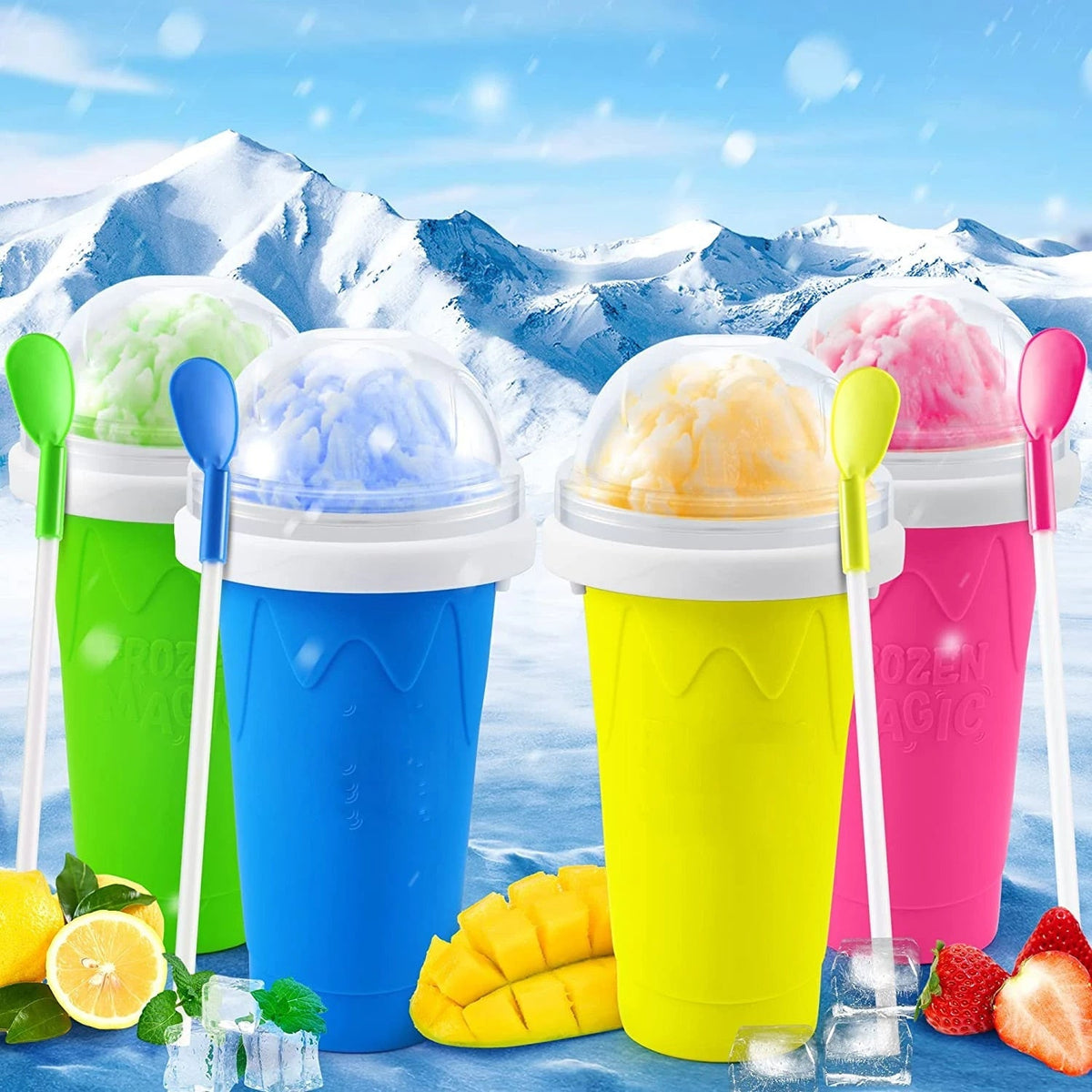 Slushbekers in blauw, groen, geel en roze met ijsdrank