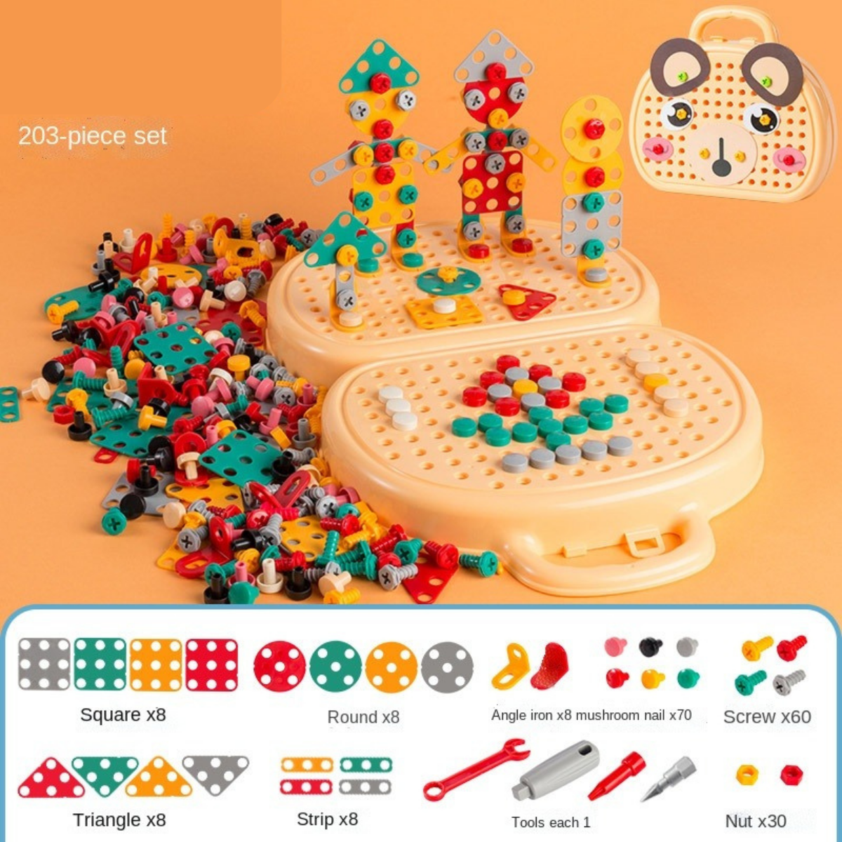 Beige bouwkoffer met voorbeeldfiguren en overzicht van bouwonderdelen
