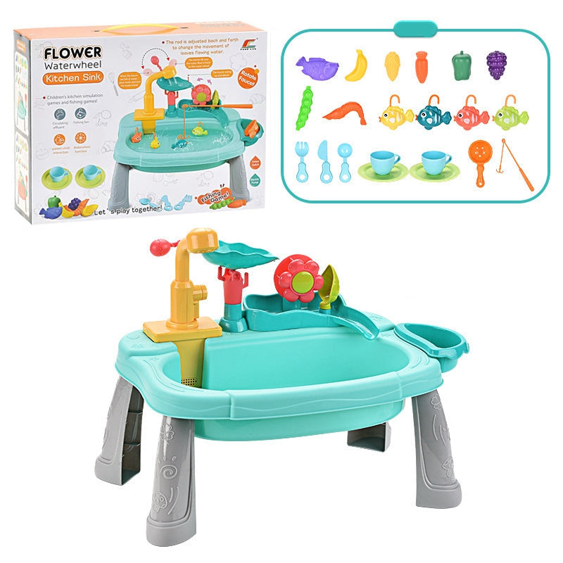 Blauwe speelgootsteen met afgebeelde verpakking en accessoires