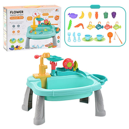 Blauwe speelgootsteen met afgebeelde verpakking en accessoires