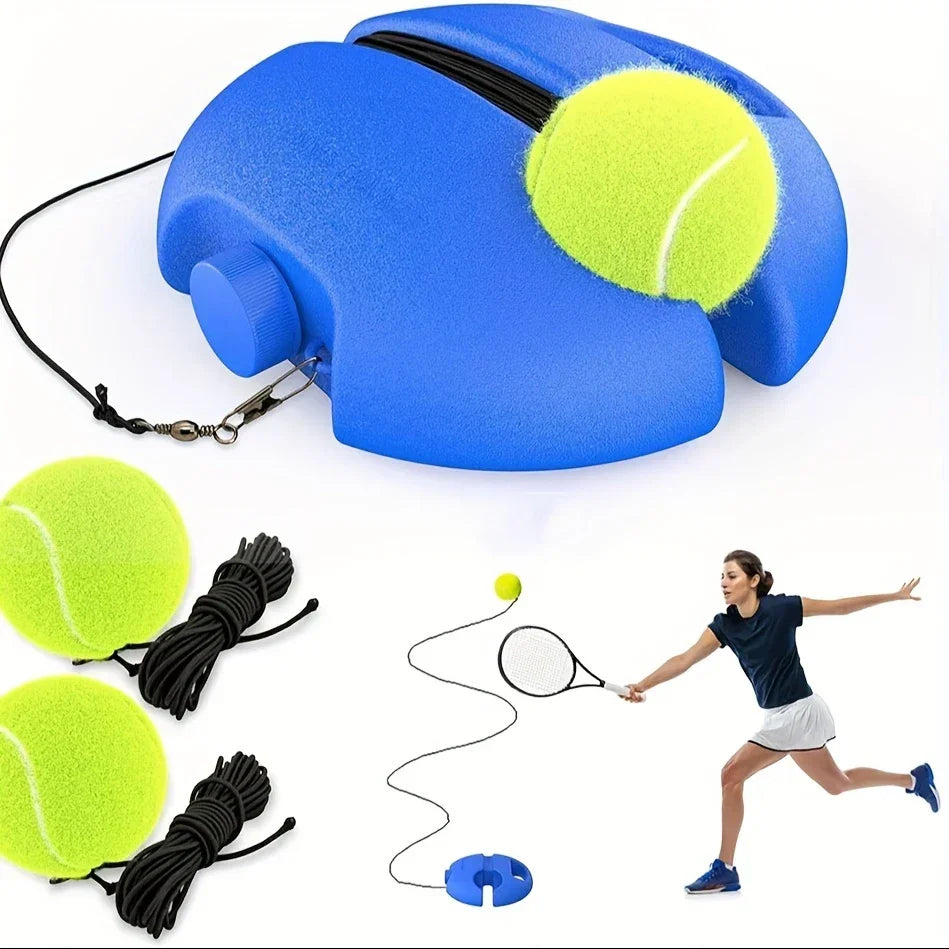 Blauwe tennistrainer met handgreep en tennisballen aan elastische koorden