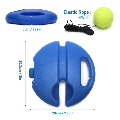 Onderdelen en maatlijnen van de blauwe tennistrainer met bal en koord