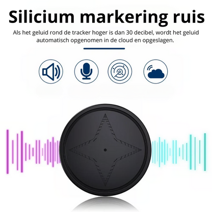 Zwarte tracker met microfoonpictogram en tekst over audio