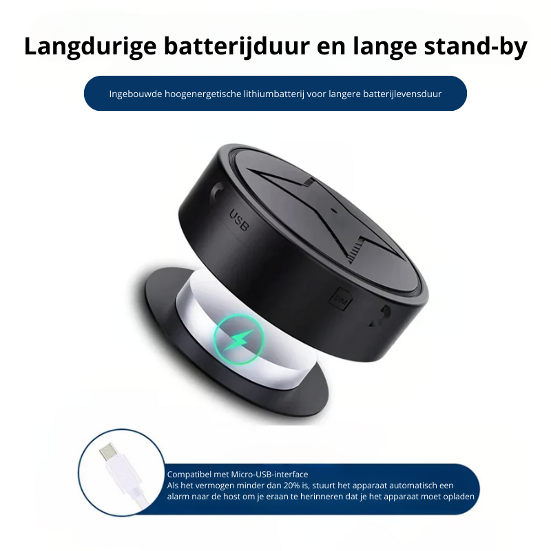 Zwarte tracker met batterij-afbeelding en accutekst