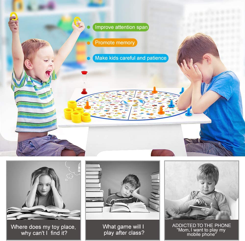 Kinderen bij een rond zoekspelbord met kaarten en een collage van spelbeelden